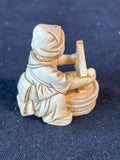 Netsuke Style Figurine Signed Base Woman Sculpting W/ Wooden Display Stand
