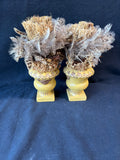 Pair Of Rustic Feather & Seed Arrangements in Decorative Pedestal Urns