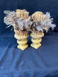 Pair Of Rustic Feather & Seed Arrangements in Decorative Pedestal Urns