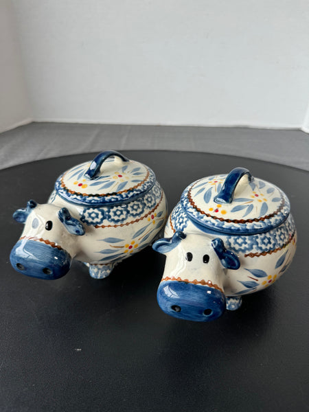 (F) Pair of Temptations by Tara Old World Blue Oven-To-Table Mini Cow Lidded Bakers (2 AVAILABLE—PRICED INDIVIDUALLY AT $25 EACH PAIR)