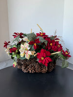 Faux Pointsettia & Roses Centerpiece in Pinecone Basket