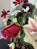 Faux Pointsettia & Roses Centerpiece in Pinecone Basket