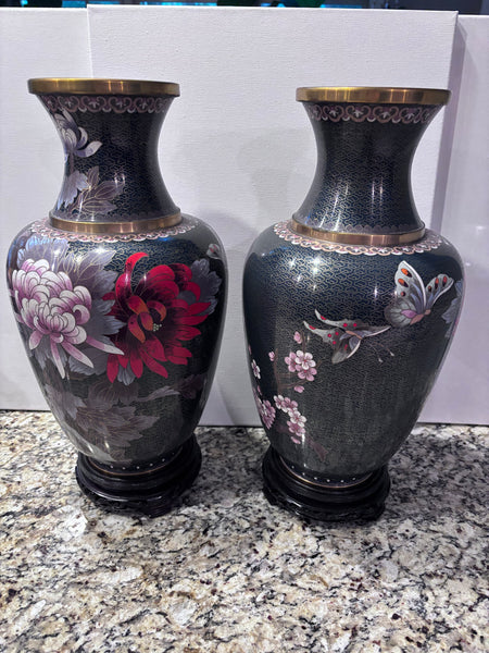 Pair of Large Cloisonné Vases with Wooden Bases