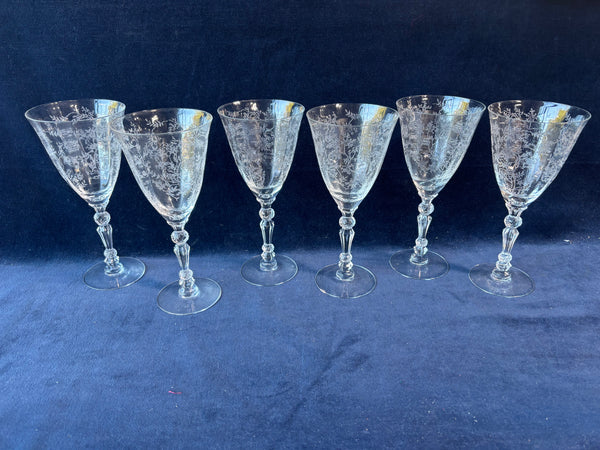 Set Of 6 Fostoria Chintz Etched Crystal Water Goblets