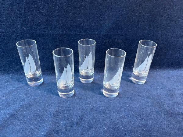 Set Of 5 Clear Crystal Cordial Shot Glasses Etched Sailboats Holmegaard Nautical