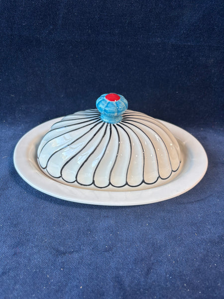Dutch Wax Hand-Painted Ceramic Covered Butter Dish Stripes