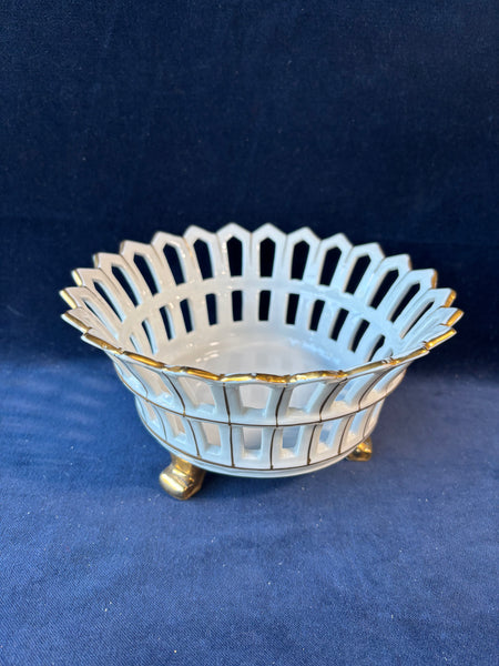 Old Porcelain Reticulated Footed Basket Bowl Claw Feet White Gold