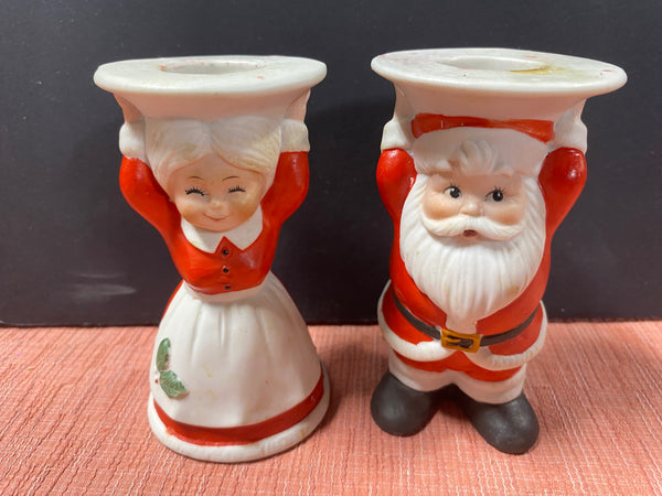 Vintage George Good Mr. And Mrs. Clause Ceramic Candle Holders