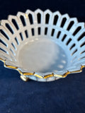 Old Porcelain Reticulated Footed Basket Bowl Claw Feet White Gold