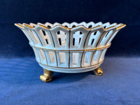 Old Porcelain Reticulated Footed Basket Bowl Claw Feet White Gold