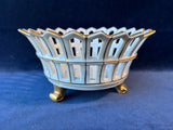 Old Porcelain Reticulated Footed Basket Bowl Claw Feet White Gold