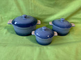 Cocotte Lot Of 3 Blue Oven-Safe Brandani Stoneware Covered Mini Casseroles