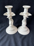 Pair Of Hartley Green’s & Co Leeds Creamware Pottery Candlesticks Fish