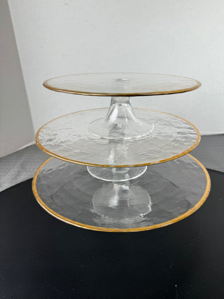 3-Piece Gold Rimmed Textured Pedestal Stacking Glass Cake Stands