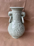 Andrea by Sadek Style Celadon Vase – Floral Relief W/ Ring Handles