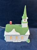 (B) Department 56  “Shops Of Dickens Village” New England Village Steeple Church, Light Works