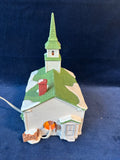 (B) Department 56  “Shops Of Dickens Village” New England Village Steeple Church, Light Works