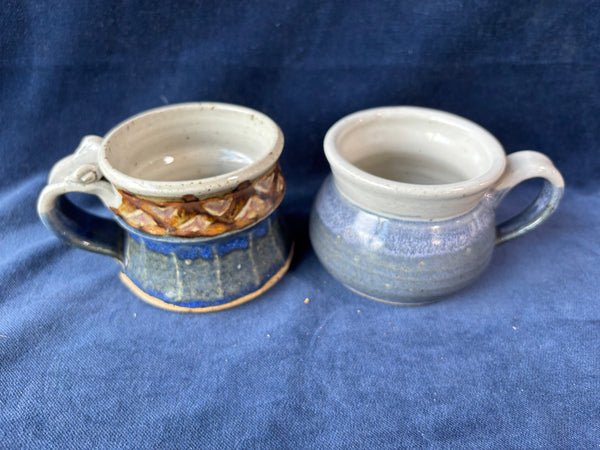 Pair Of Short Blue Pottery Mugs