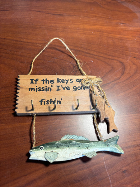 Wooden “If The Keys Are Missing I’ve Gone Fishin” Key Holder
