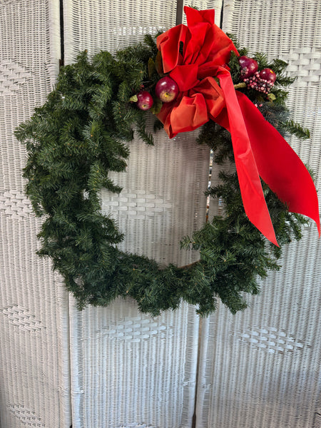 Large Artificial Fir Wreath with Red Velvet Bow & Faux Fruit