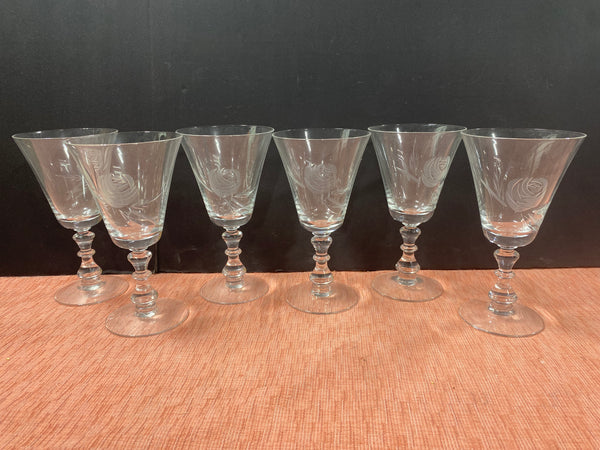 Vintage Fostoria Rose Pattern Stem Etch Water Goblet Glass Set Of 6