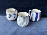 Set Of 3 Blue And White Speckled Glaze Pottery Mugs