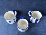 Set Of 3 Blue And White Speckled Glaze Pottery Mugs