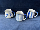 Set Of 3 Blue And White Speckled Glaze Pottery Mugs