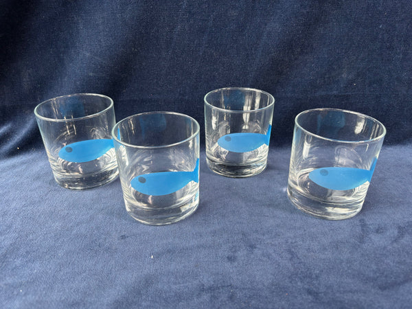 Set Of 4 Low Ball Glasses Blue Fish