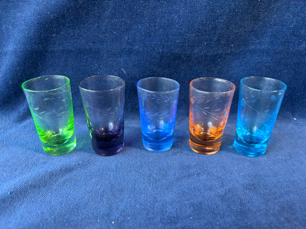 Etched Multi Color Shot Glasses/Cordial Glasses Set Of 5