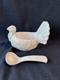 Pottery Barn Turkey Gravy Boat & Ladel White Distressed Stoneware
