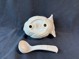 Pottery Barn Turkey Gravy Boat & Ladel White Distressed Stoneware