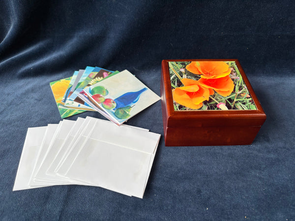 Wooden Floral Decorative Box With Blank Cards And Envelopes Inside