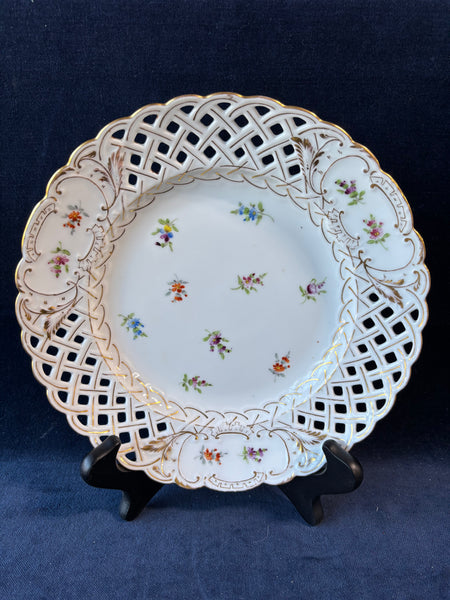 RK Dresden Germany Porcelain Plate With Lattice Edge & Floral Design