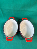 Pair of Enameled Red Cast Iron Mini Casserole Dishes