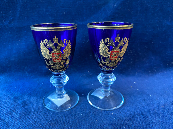 Pair Of Cordial Glasses With Russian Emblem By Goose Glass