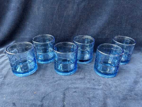 Set Of 6 Anchor Hocking Tartan Denim Blue Old Fashioned Lowball Glasses
