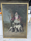 Large Painting On Textured Fabric of Hunter with Musket & Hounds; Signed Ruth Spenee