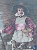 Large Painting On Textured Fabric of Hunter with Musket & Hounds; Signed Ruth Spenee