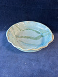 Fluted Edge Green/Blue Handled Pottery Dish; Signed