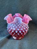 Fenton Style Cranberry Opalescent Hobnail Ruffled Vase