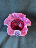 Fenton Style Cranberry Opalescent Hobnail Ruffled Vase