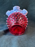 Fenton Style Cranberry Opalescent Hobnail Ruffled Vase