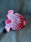 Fenton Style Cranberry Opalescent Hobnail Ruffled Vase