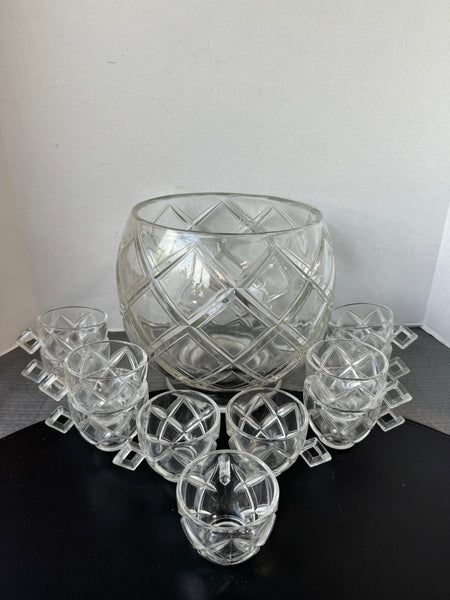 Vintage Colony Glass Crystal Diamond Design Bubble Punch Bowl with 9 Glasses