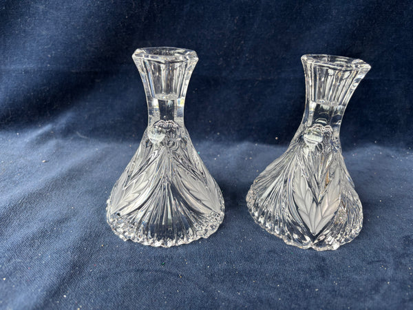 Pair Of Crystal Candlesticks Crystal Frosted Clear Leaf Pattern