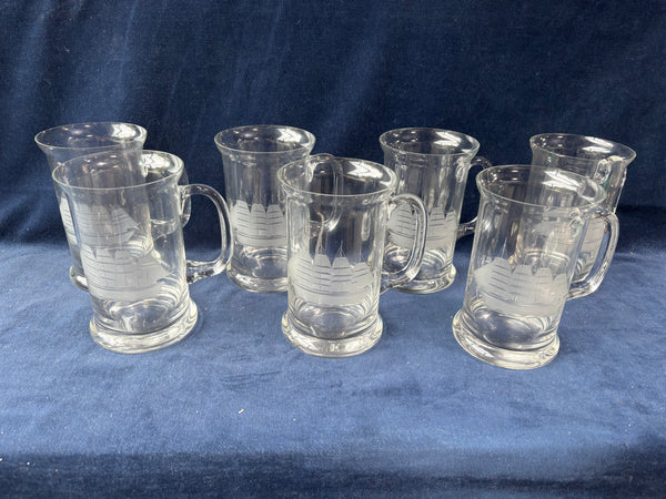 Set Of 7 Etched Glass Tankard Stein Mug Clipper Schooner Ship