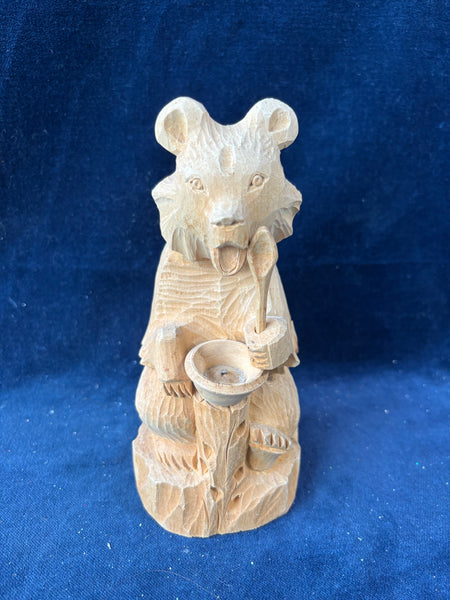 Hand Carved Folk Art Wooden Bear With Spoon