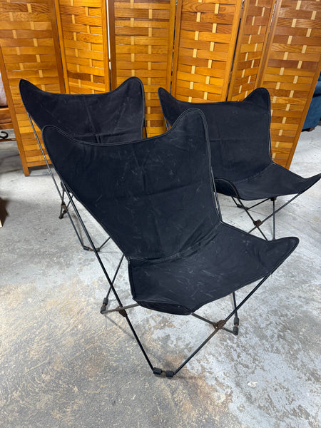 Trio of Vintage Metal Butterfly Chairs with Black Canvas Covers