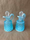 Pair Of Fenton Style Blue Opalescent Art Glass Hobnail Cruet W/ Stopper
